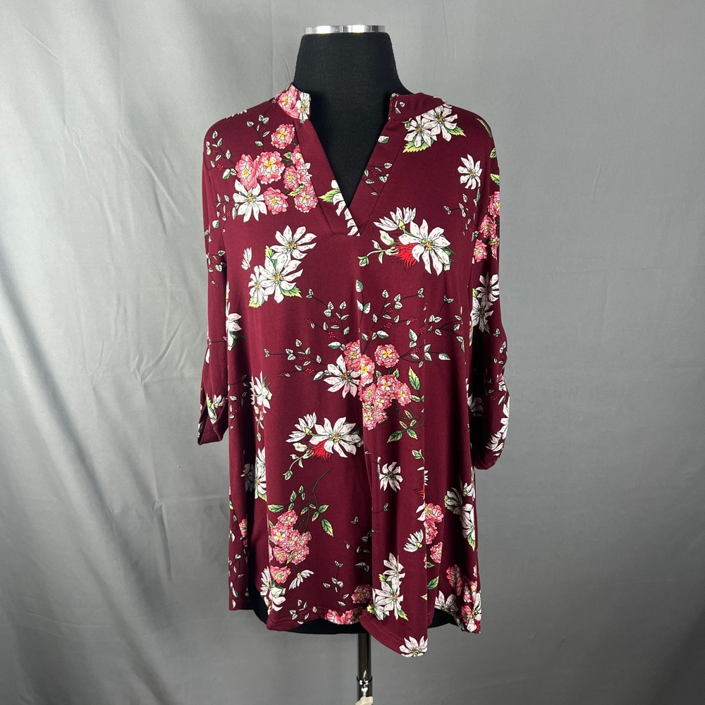 A.Jesdani Tunic Top Womens 1X Maroon Floral Stretch Split Neck Roll Tab Sleeve